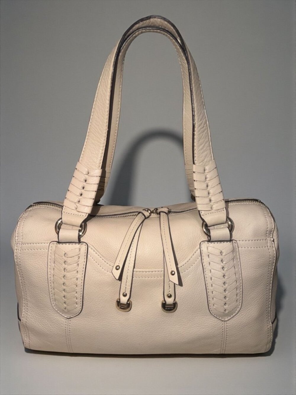 B. Makowsky Shoulder Satchel Bone Pebbled Leather Zip-Around Bag Whipstitch Hobo